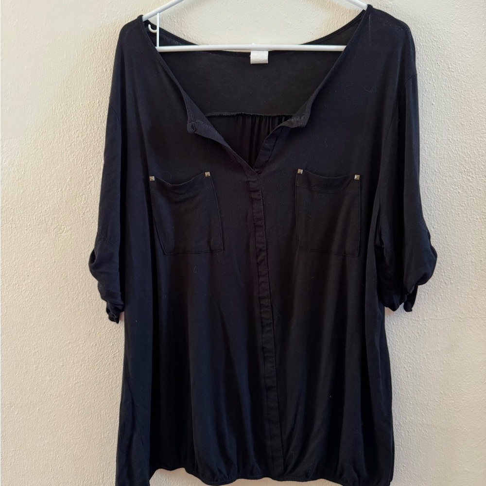PerSeption Concept Black Button-Front Tunic Blouse 3/4 Roll-Tab Sleeve  3X